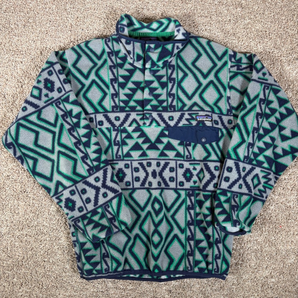 Patagonia Mens Synchilla Snap-T Fleece Pullover Aztec Geometric Grey Green S